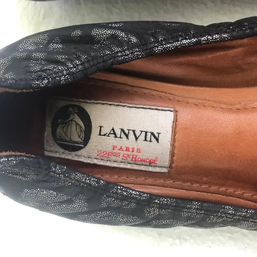 Lanvin Paris Shoes Kitten Heel Points Leopard Pattern Grey Silver Black 37
